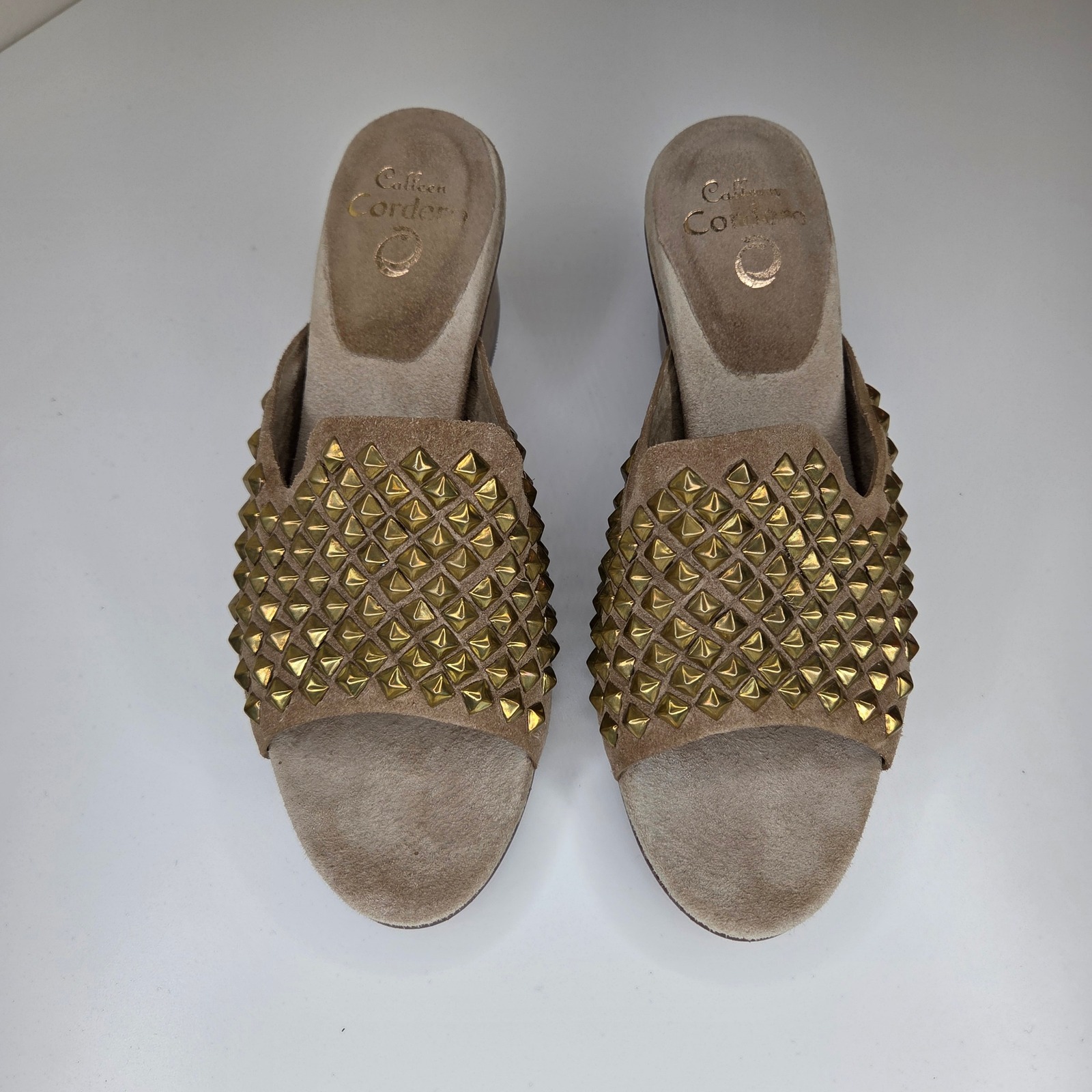Calleen Cordero Tan Suede Studded Wood Block Heel Slide Sandals Womens 7
